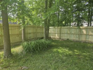 A wooden privacy fence installed in a backyard surrounded by trees by Affordable Fencing in Parma, OH.