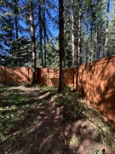 A sturdy wooden privacy fence installed in a natural, wooded backyard by Fences NW LLC in Spanaway, WA