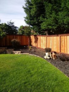 A wooden privacy fence installed in a beautifully landscaped backyard by Sacramento Valley Fencing in Sacramento, CA.