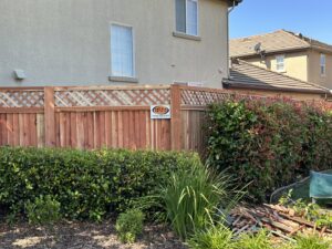 A wooden privacy fence with a lattice top and a Mega Fence sign, enhancing a residential backyard in Thornton, CA.