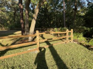 A wooden split-rail fence installed in a natural, wooded setting by Golden Eagle Fencing in Tampa, FL