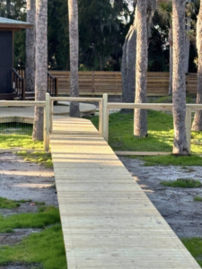 A newly installed wooden walkway with a low wire mesh fence, built by True Line Fencing LLC in Mount Pleasant, SC.