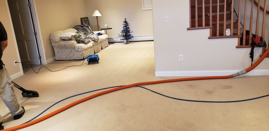 A professional worker cleaning a carpeted room with a cleaning wand and hoses for Alaska Dry Carpet in Anchorage, AK.