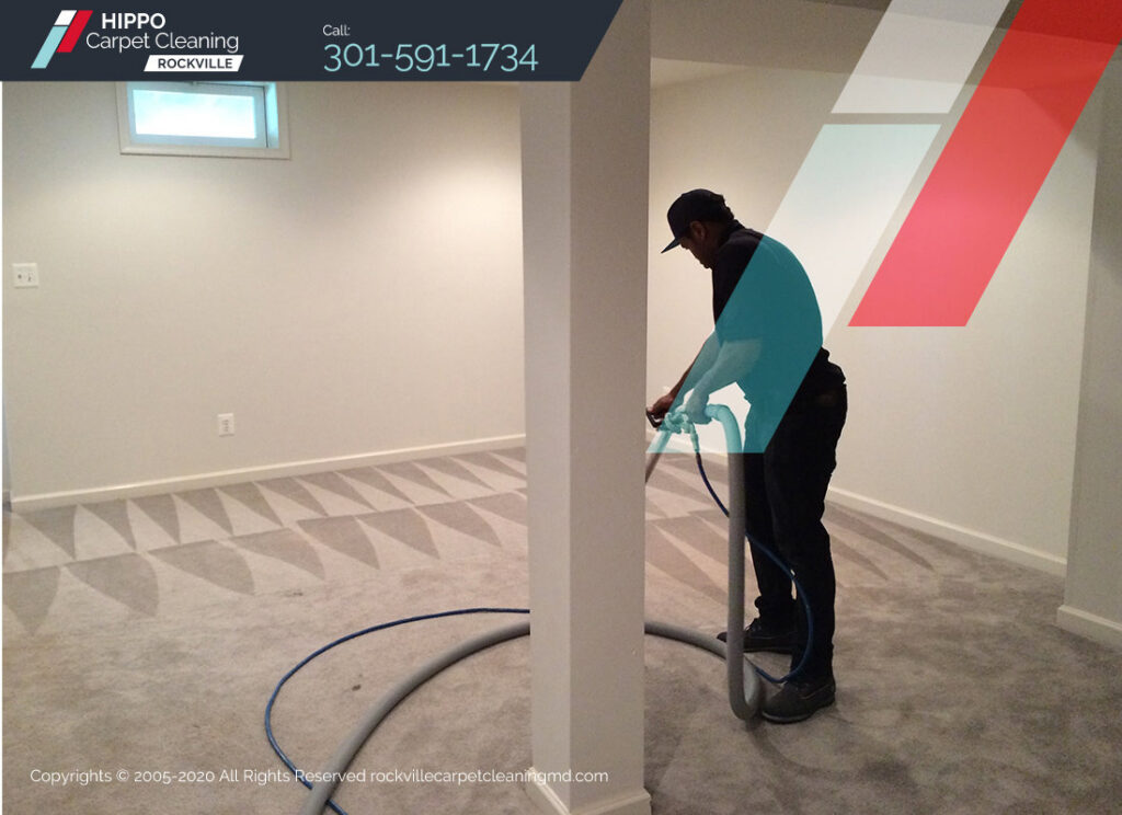 A worker professionally cleaning a light grey carpet with a specialized machine for Hippo Cleaning Services in Rockville, MD.