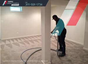 A worker professionally cleaning a light grey carpet with a specialized machine for Hippo Cleaning Services in Rockville, MD.
