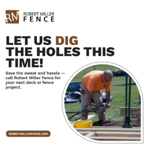 A worker using an auger to dig a hole for a fence or deck post at Robert Miller Fence in Indianapolis, IN.