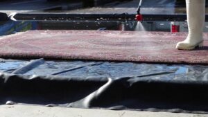 A worker hosing down an oriental rug as part of the professional cleaning service at Oriental Rug Cleaning Facility in Tampa, FL
