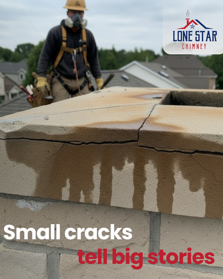 A Lone Star Chimney technician inspecting small cracks on a chimney crown on a roof in Houston, TX.