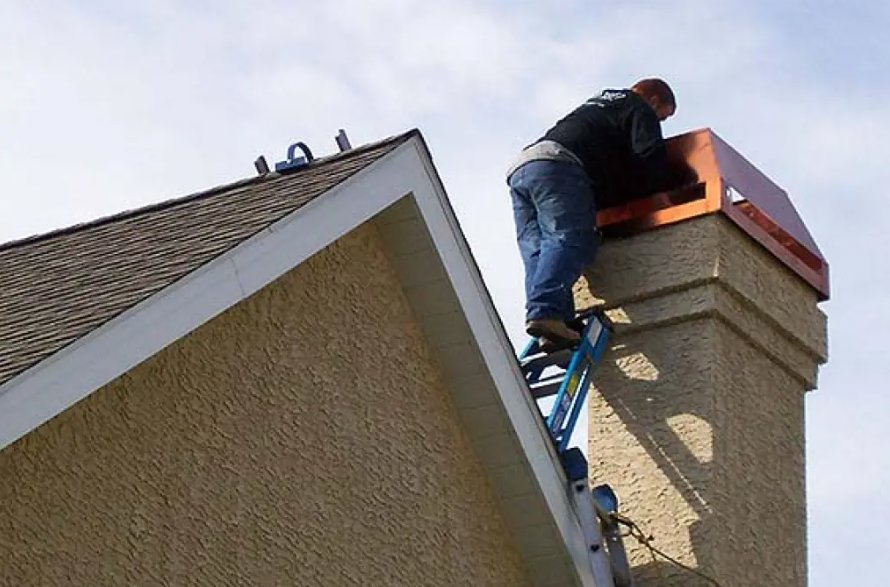A worker on a ladder installing or repairing a chimney cap on a roof for Granite State Chimney in Manchester, NH