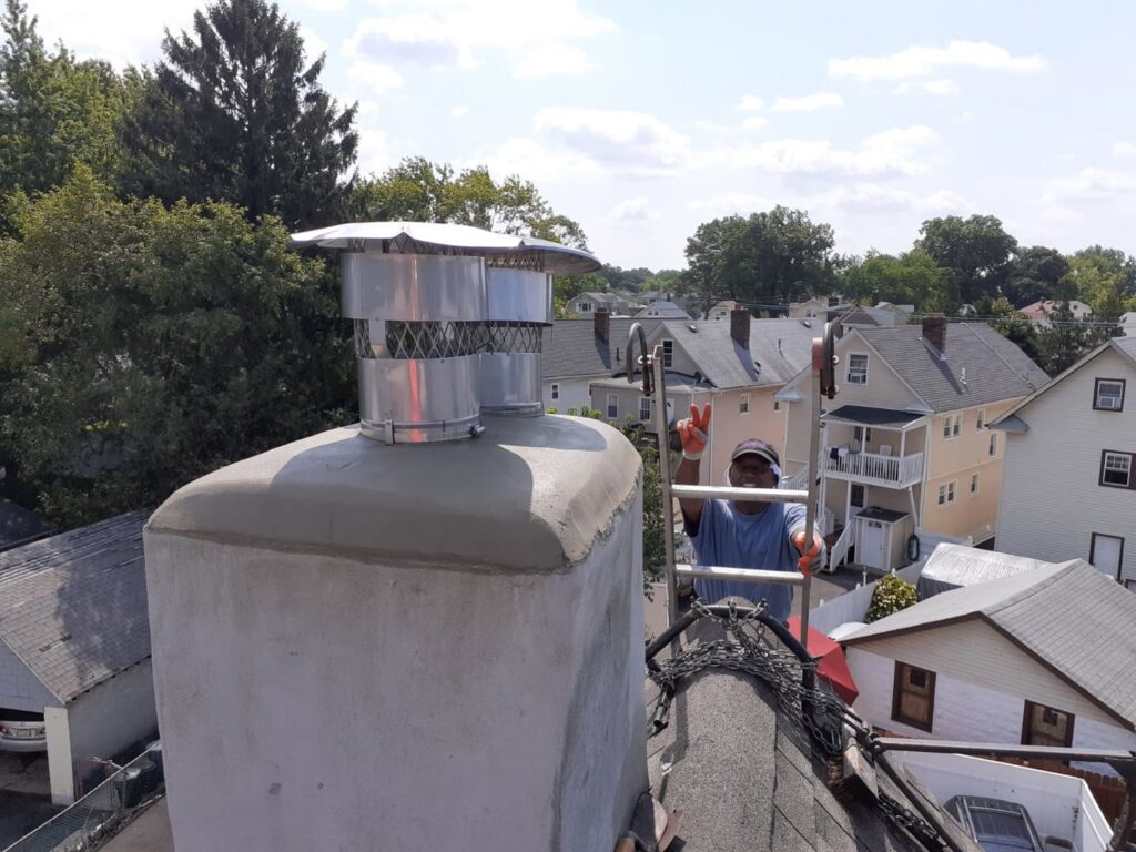 A worker on a ladder on a roof installing new chimney caps, performing a chimney service by Colombus Chimney in Elizabeth, NJ.