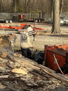 A worker operating a wood chipper at a tree removal site for Peek Lawn Care LLC in Windy Hills, KY.