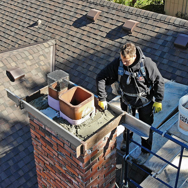 A worker in a safety harness repairing a chimney crown on a roof for The Texan Chimney Sweep San Antonio, TX.