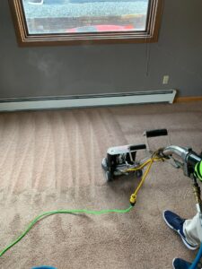 A worker operating a rotary carpet cleaning machine to deep clean carpet for Alaska Dry Carpet in Anchorage, AK.