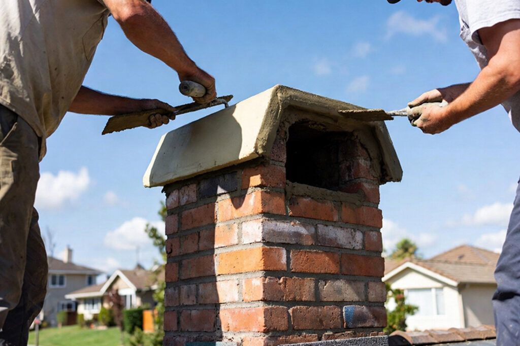 Two workers applying mortar to the top of a brick chimney as part of a repair job by A Sweep Across the Bay in Parrish, FL.
