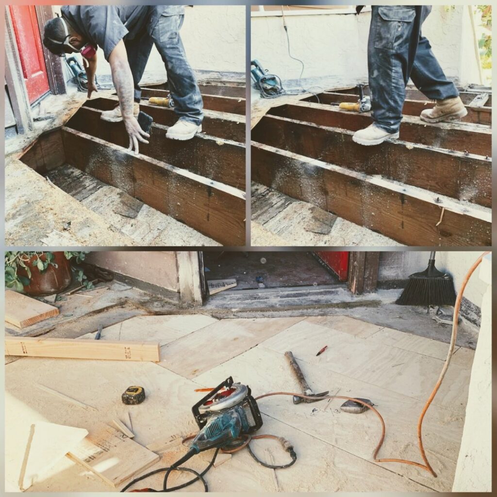 Workers repairing a wooden deck or floor structure, likely damaged by termites, for United Termite Control in San Marcos, CA.
