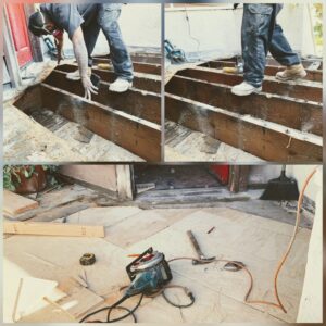 Workers repairing a wooden deck or floor structure, likely damaged by termites, for United Termite Control in San Marcos, CA.