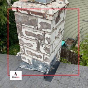 A worn brick chimney exterior on a roof, highlighting the need for maintenance and repair from Chimney Care experts in Doraville, GA.