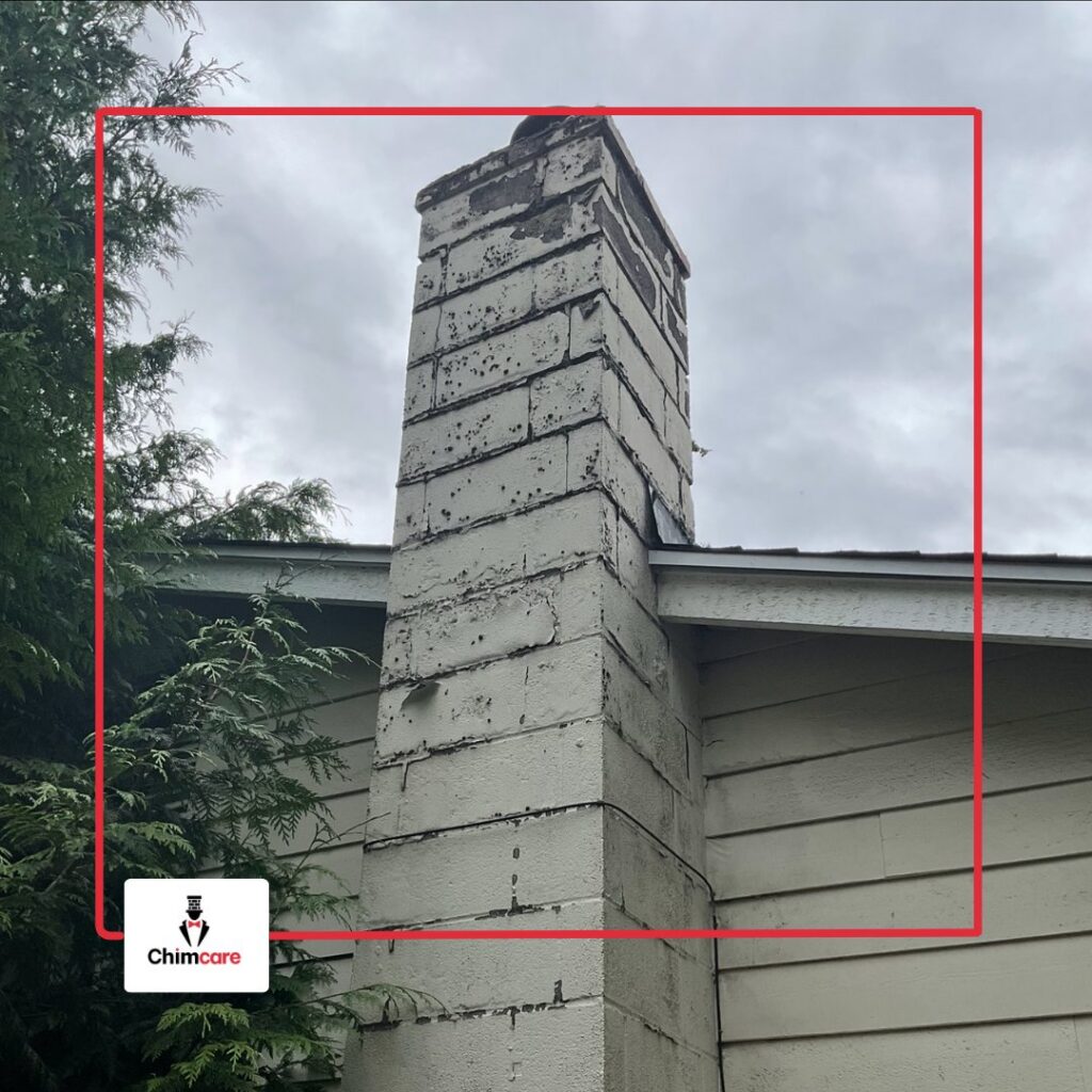 A worn white brick chimney exterior on a house, indicating the need for professional maintenance from Chimney Care experts in Doraville, GA.