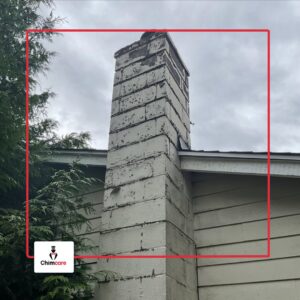 A worn white brick chimney exterior on a house, indicating the need for professional maintenance from Chimney Care experts in Doraville, GA.