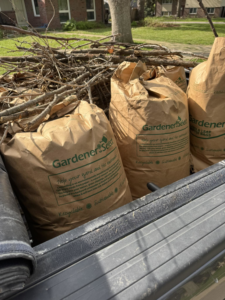 Yard cleanup with paper bags and tree branches in a truck bed by Bramble Clean Cut Lawn Care LLC in Independence, MO.