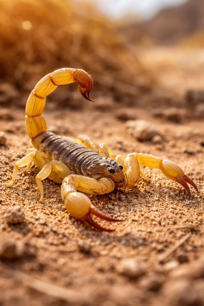 A close-up of a yellow scorpion, a common pest managed by C4 Pest Solutions in Wittmann, AZ.