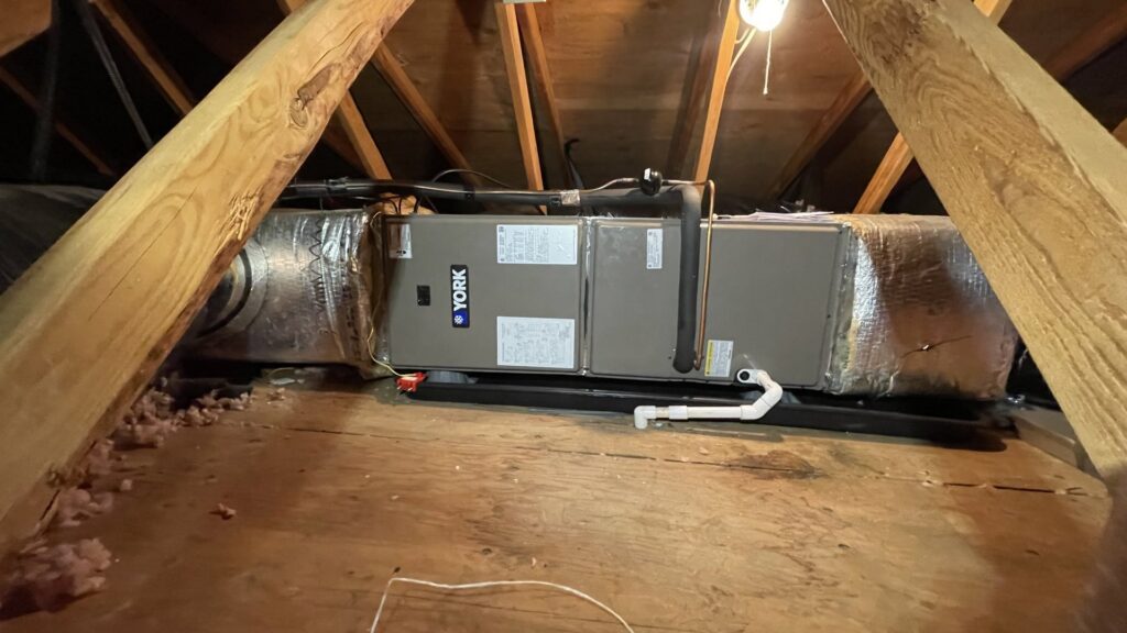 A York furnace or air handler unit installed in an attic space by Smart HVAC LLC in Vancouver, WA.