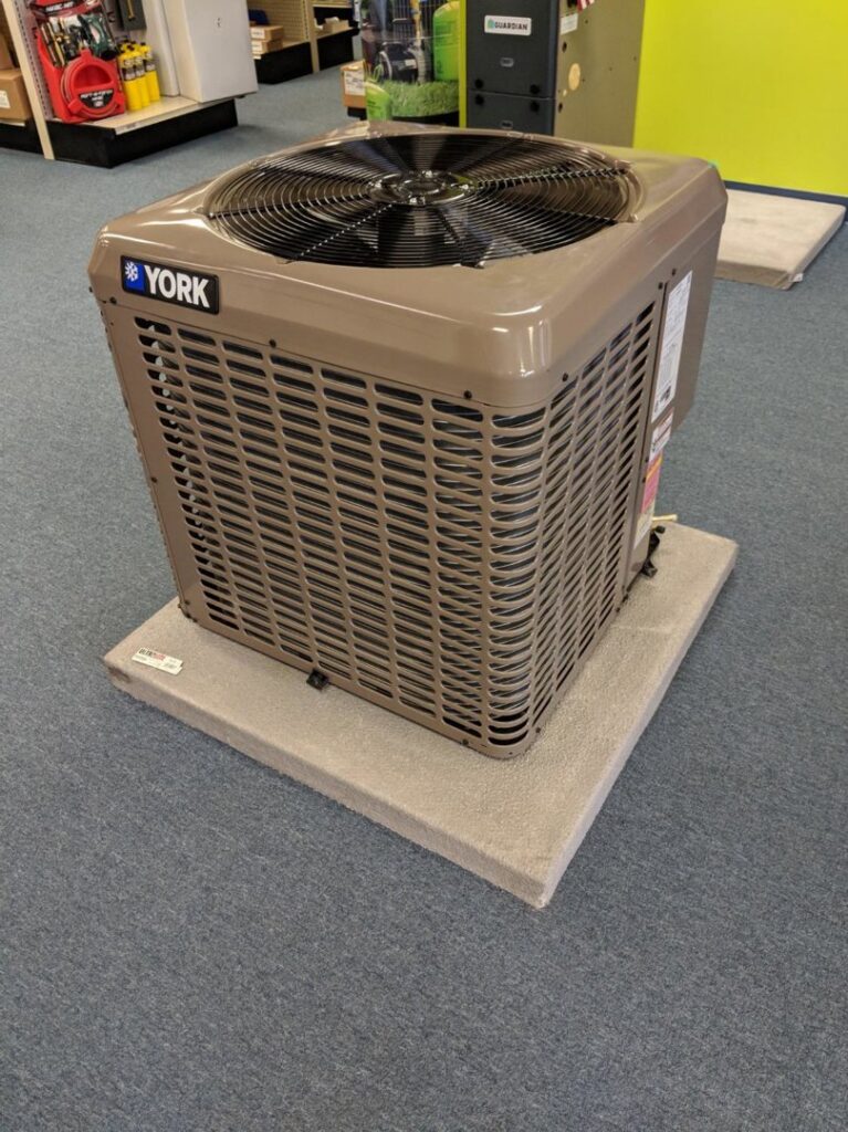 A new York outdoor air conditioning unit on display at Goodpaster's Mechanical, Inc. in Broken Arrow, OK.