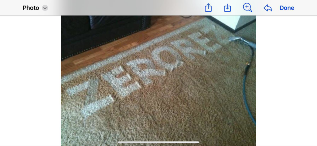 The Zerorez logo clearly cleaned into a dirty carpet, showcasing effective cleaning by Zerorez Wichita in Wichita, KS.