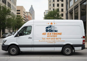 A 4D Extreme Movers van with branding and contact info parked on a city street in Atlanta, GA.