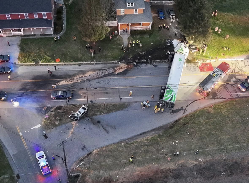 Aerial view of Alliance Towing assisting with a multi-vehicle accident recovery in Lancaster, PA.