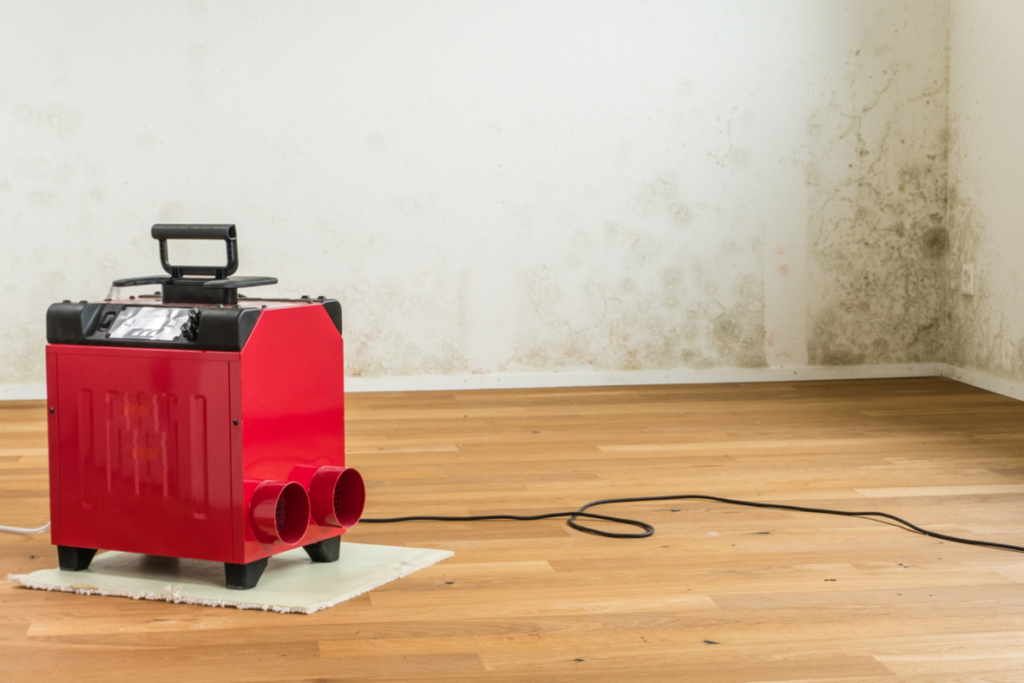 A red air mover drying a room with visible mold growth on walls, for water damage remediation by Lowcountry Remediation in Charleston, SC.