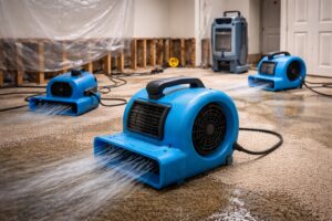 Multiple air movers actively drying a wet carpet after water damage, a service provided by Seco Water Damage Restoration in Sterling Heights, MI.