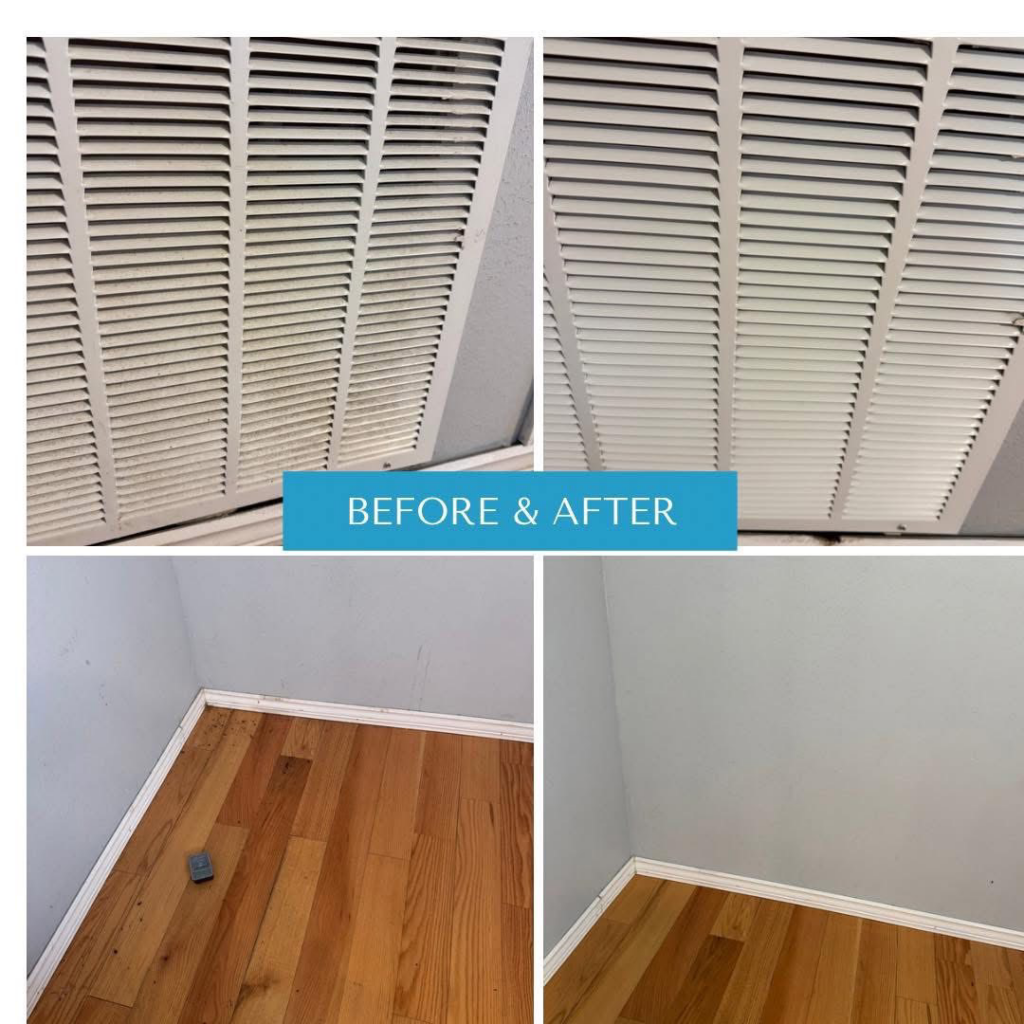 Before and after photos of a clean air vent, floor, and baseboard by Okie Clean Bee in Tulsa, OK
