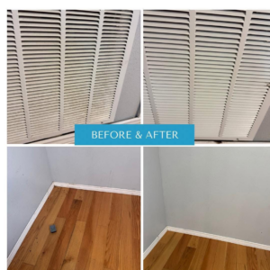 Before and after photos of a clean air vent, floor, and baseboard by Okie Clean Bee in Tulsa, OK
