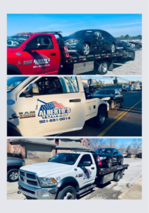 Alberto Junk Removal's flatbed tow trucks transporting various cars for towing services in Memphis, TN.