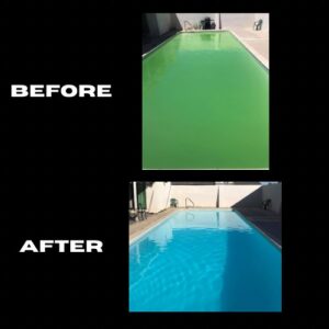 Before and after images of an algae-ridden pool cleaned to pristine condition by Bright Side Pool Service LLC in Broken Arrow, OK.