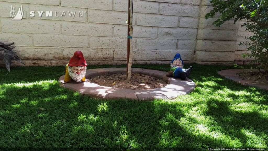 Artificial grass installed around a tree with garden gnomes by SYNLawn of New Mexico in Albuquerque, NM.