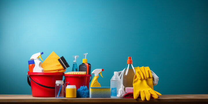 An assortment of professional cleaning supplies, including buckets, sprays, and gloves, used by MAGA maids in Knoxville, TN.