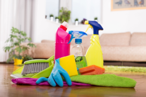 An assortment of house cleaning supplies including sprays, brushes, and cloths for PAP-Cleaning Services in Fort Lauderdale, FL.