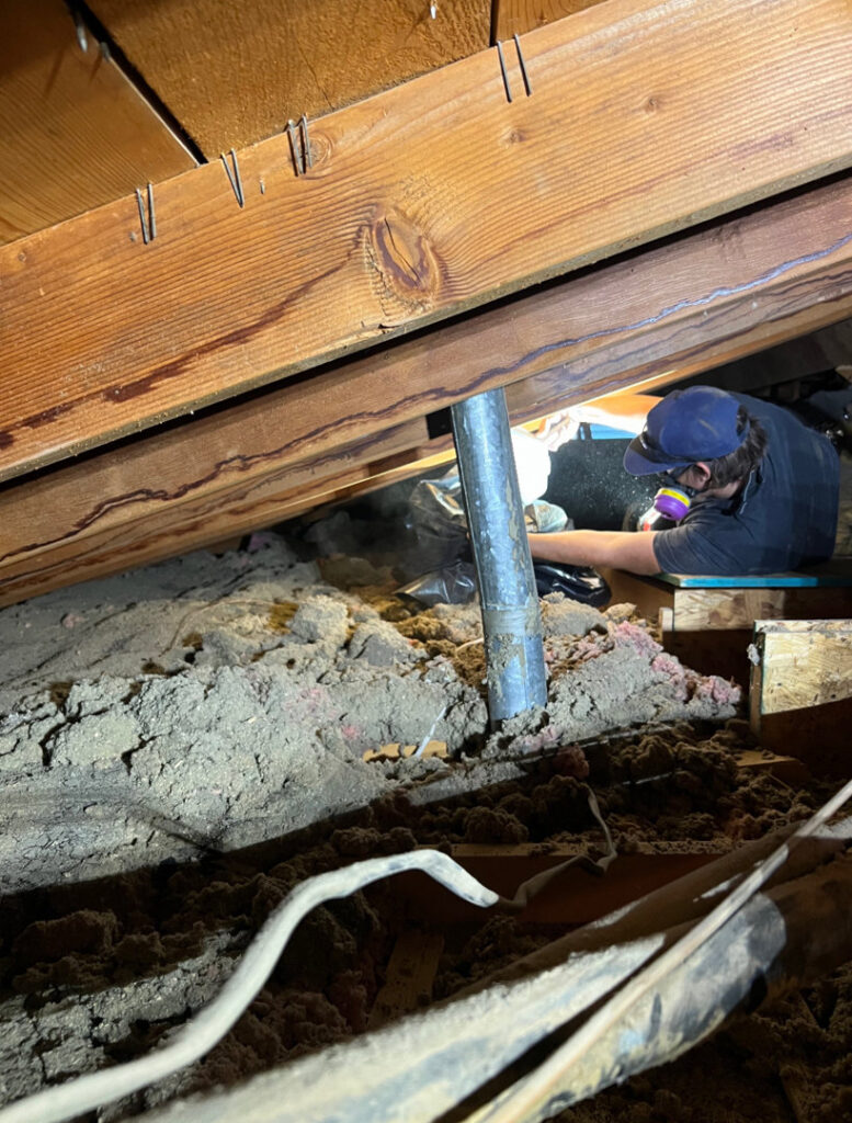 Technician inspecting an attic with visible water damage and stains on wooden beams for Built Different Restoration in Gilbert, AZ.