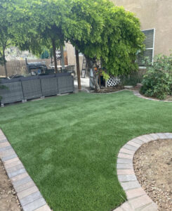 A backyard with artificial grass and a stone border under a lush pergola by SYNLawn of New Mexico in Albuquerque, NM.