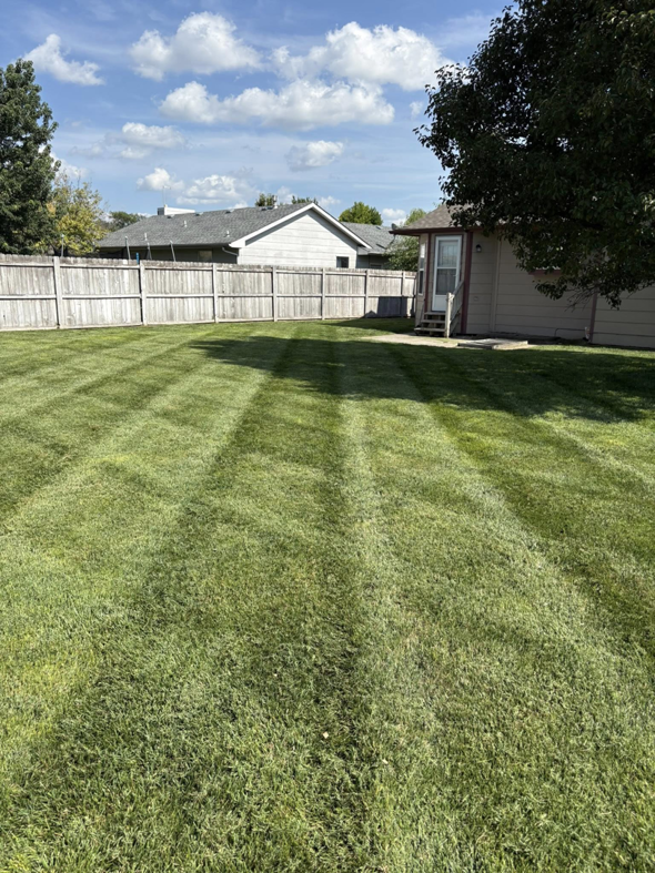 Well-maintained backyard lawn with straight mowing stripes by EZ Cut Lawn Care & Landscaping, Crestview, FL.