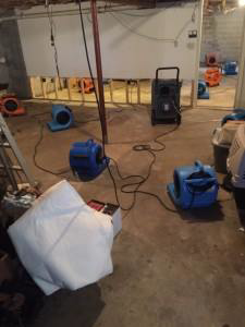 Water damage drying equipment, air movers, and dehumidifiers operating in a basement by Water Damage Squad, Philadelphia, PA.
