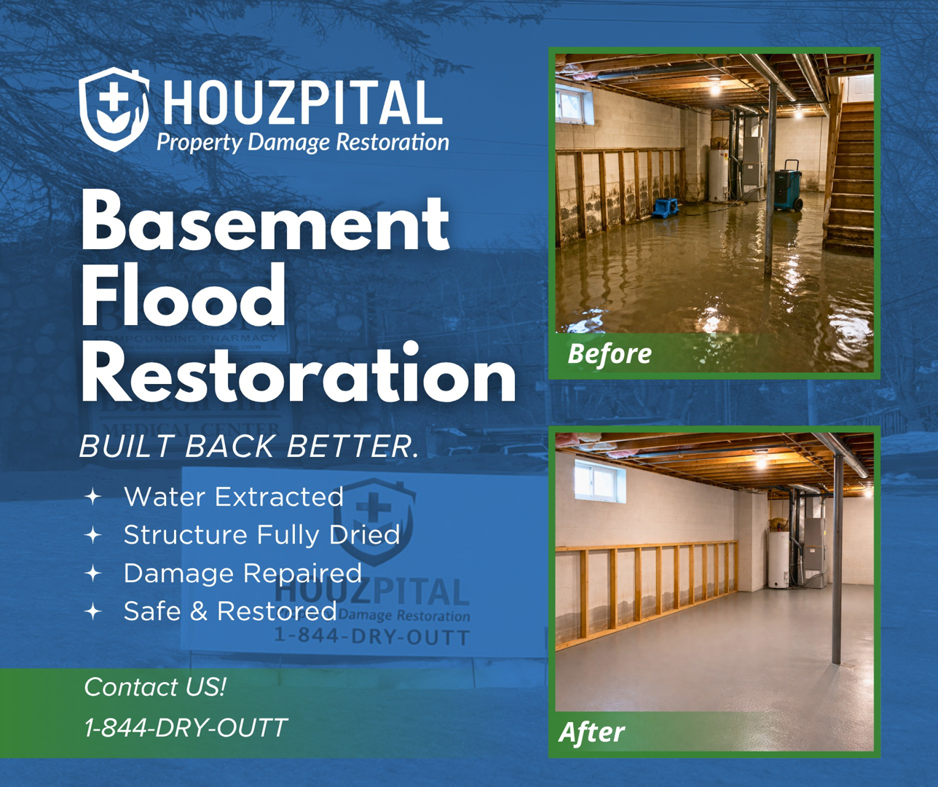 Before and after photos of a basement flood restoration project completed by Houzpital in New Britain, CT.