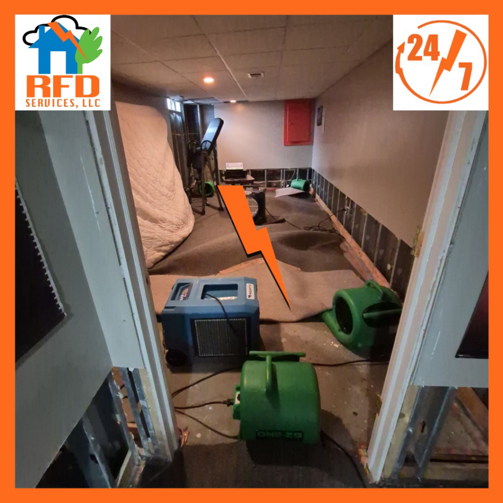 Basement with exposed studs and drying equipment for water damage restoration by RFD Services in Akron, OH.