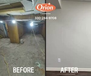 Before and after comparison of a basement undergoing water damage restoration by Orion Construction in North Canton, OH.