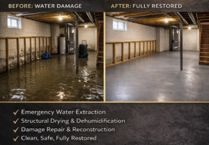 Before and after photos of a basement water damage restoration by Paul Davis of Eastern Ohio in Youngstown, OH.