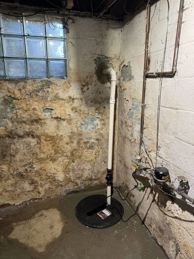 A basement corner with water damage on walls and a sump pump, showing remediation needs by Mr. Rooter Plumbing of Youngstown, OH.