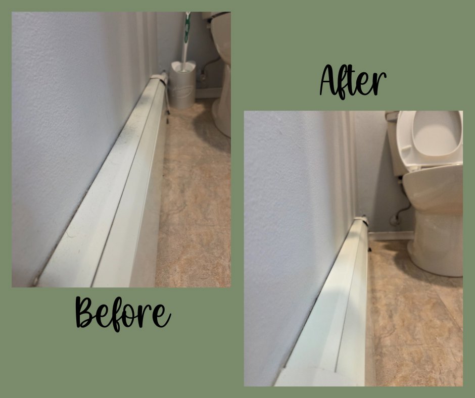 Cleaned bathroom baseboard showing a noticeable difference in a before and after by Eternal Blossom Cleaning Services in Tulsa, OK