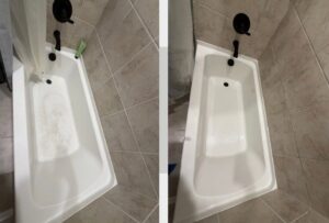 Before and after comparison of a dirty bathroom bathtub cleaned by Olivia Cleaning Services in Fort Worth, TX